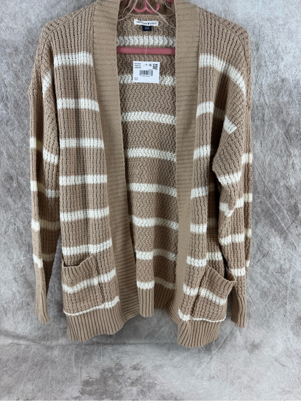 American Eagle Outfitters Tan and White Striped Open-Front Cardigan NWT POCKETS